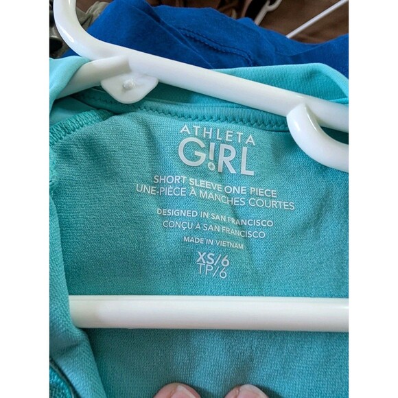 Athleta Girl Short Sleeve One Piece Rashguard Swimsuit Aqua Tropical, Small Sz 6 - Picture 5 of 5